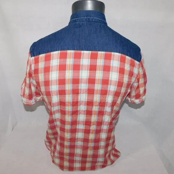 Salt Valley Western Mens M Red Plaid Denim Detail Short Sleeve pearl Snap Shirt - Picture 10 of 12